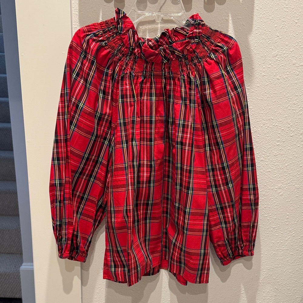 J. Crew red plaid ruffle neck blouse